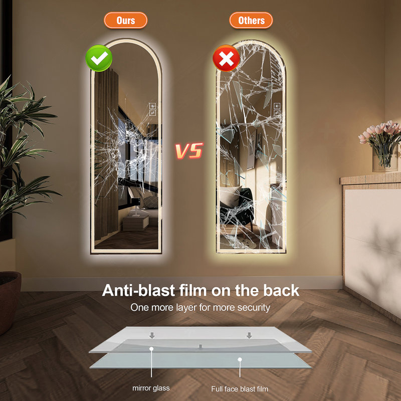 Miroir pleine longueur de 65 po x 21 po à DEL, à intensité variable, haute définition et antidéflagrant, debout ou fixé au mur