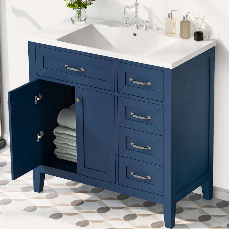 Meuble-lavabo simple 36 po avec plateau en céramique Basden, Bleu