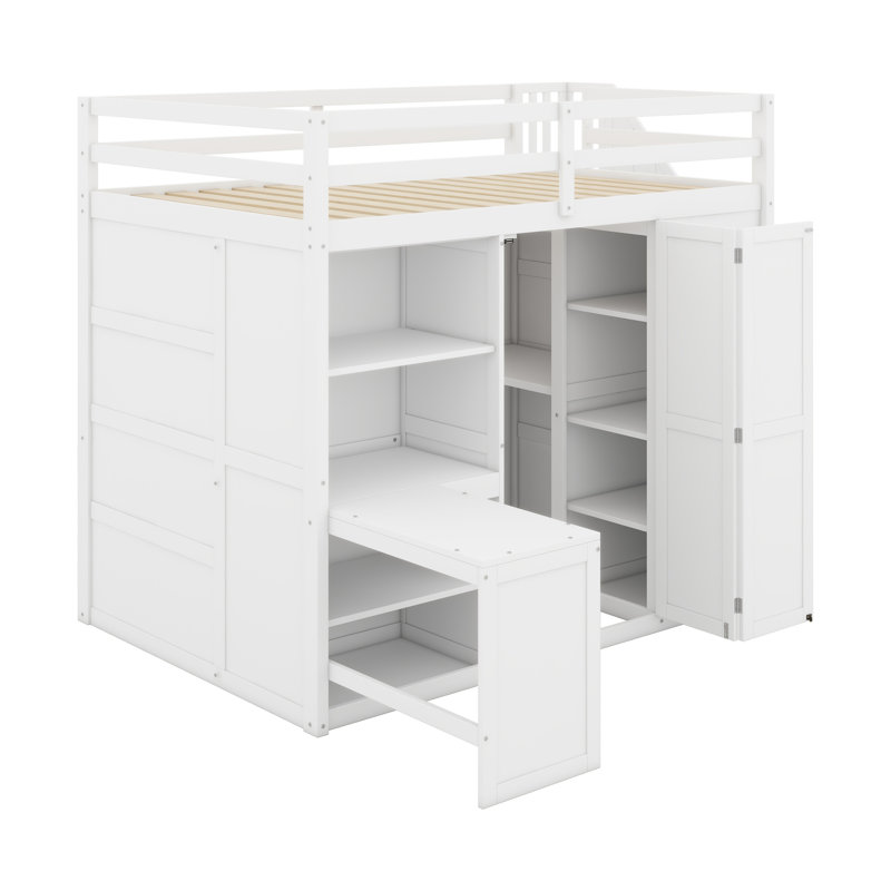 Lit mezzanine avec garde-robe, bureau et tablettes, Blanc