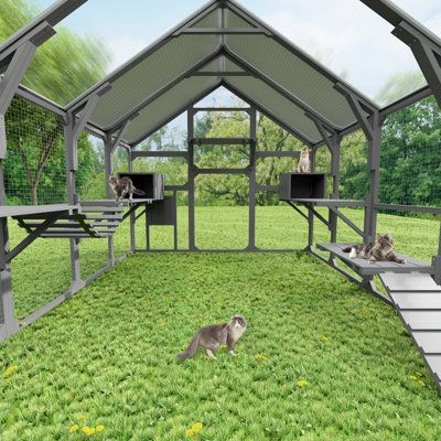 Multiple Cats Outdoor Enclosure - Large Wooden Cat House With 7 Platforms, 2 Cozy Resting Boxes, Bridge, Ramp And Gray Sunshine Board Roof, Ventilated
