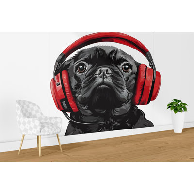 Pug Sticker, Black Pug Decal, Dog With Headphones, Cute Dog Sticker, Funny Pet Decal, Laptop Sticker, Water Bottle 263GM