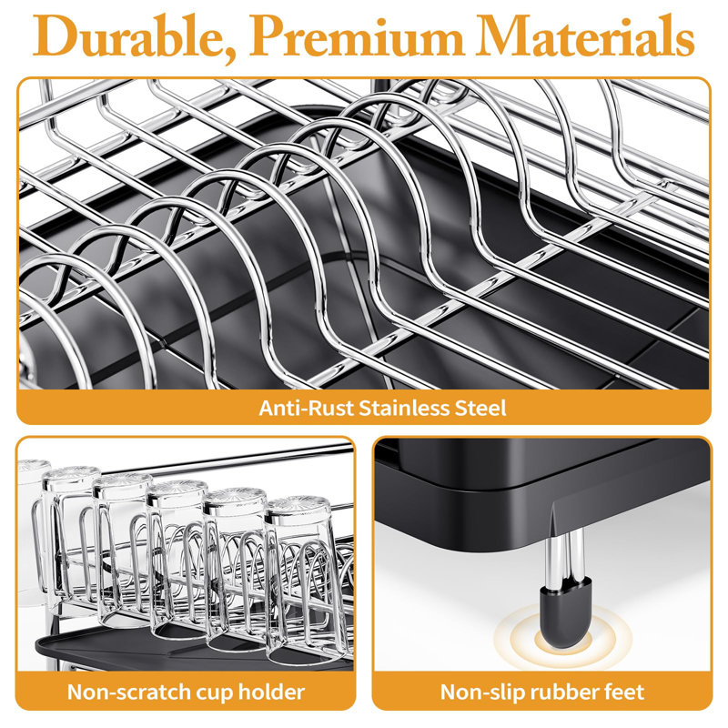Expandable Stainless Steel Dish Rack with Utensil Cup and Drainboard