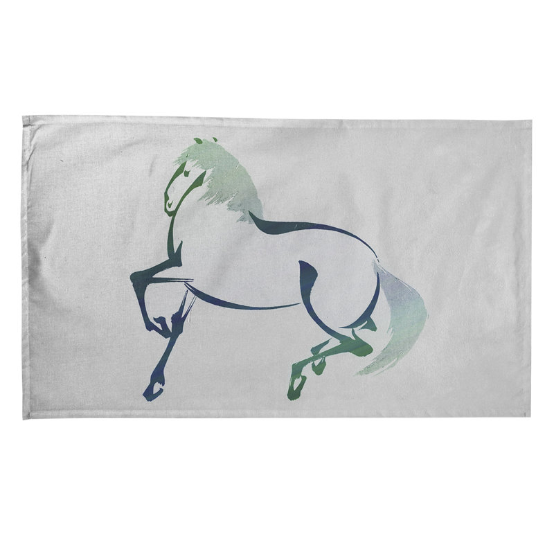 Serviette de thé à cheval en aquarelle japonaise, Bleu / Vert, Sergé de coton