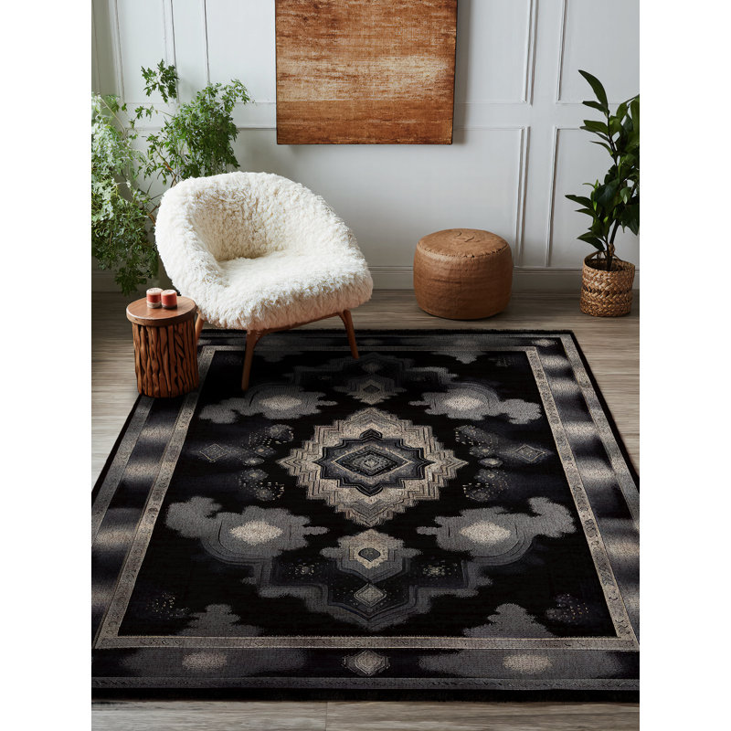 Reuben Collection Digital Print Cotton-Polyester Black Moroccan Rug, Runner 2'8" x 14'10"