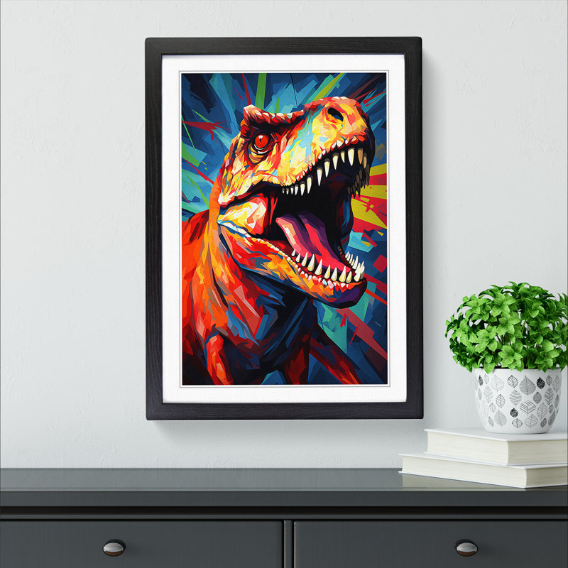 Tyrannosaurus Rex Geometric - Single Picture Frame Print on Wood, Black, 64cm H x 46cm W x 2cm D