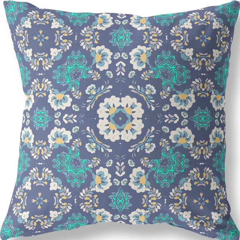 Coussin 20 po x 20 po, Motif floral bleu / blanc
