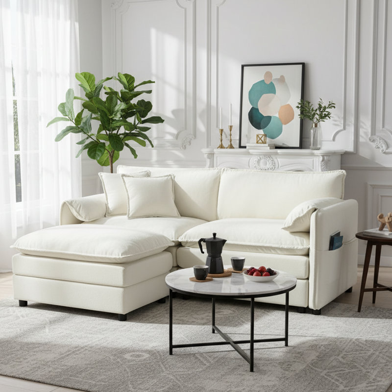 Canapé-lit modulaire en chenille 2 pièces avec méridienne et rangement pour appartements, crème, Cream