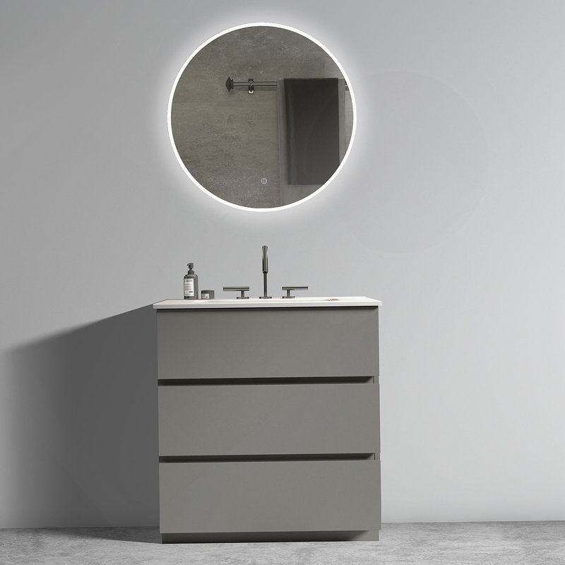 Meuble-lavabo gris de 30 po avec lavabo et 3 trous de robinet, grand meuble-lavabo autoportant pour salle de bain moderne, lavabo blanc une pièce sans drain ni robinet, pré-assemblé