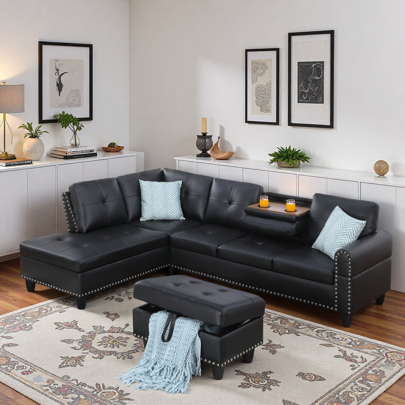 Faux Leather L - Shaped Sectional Sofa With Nailhead Trim And Cup Holders And Storage Ottoman, Black