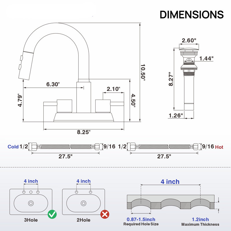 4 po Robinet de lavabo de salle de bain rétractable à deux poignées Centreset avec douchette 2 modes et bonde escamotable