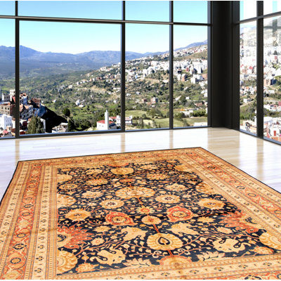 Tapis unique en laine noué à la main de style Ushak marine foncé 10 pi x 13 pi 2 po One Age of a Kind Kind