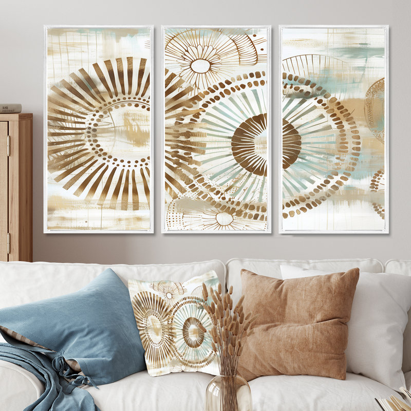 Ensemble de salon art mural beige boho bohémien mandala spirale I - Boho, H 40 po x l 60 po x P 1 po, Cadre flottant blanc