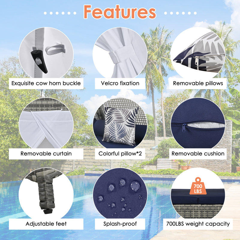 90.5'' Wide Wicker Patio Daybed with Cushions, Blue, Gray
