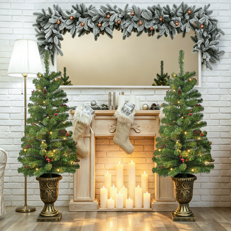 Sapin de Noël en pot pré-illuminé avec pommes de pin et baies rouges à DEL blanc chaud