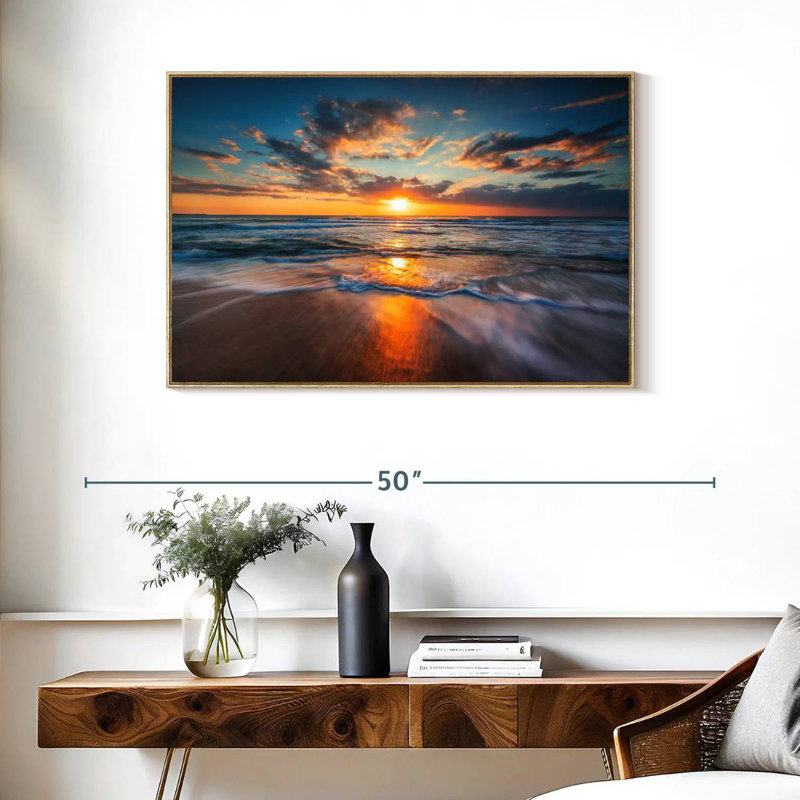 Été, océan, lever de soleil, Cadre flottant en bois naturel, 37 po x 25 po