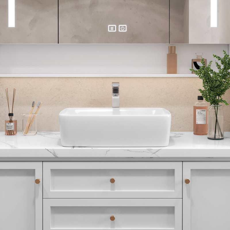 Sinber 19" x 15" x 5.3" White Rectangular Ceramic Countertop Bathroom Vanity Vessel Sink