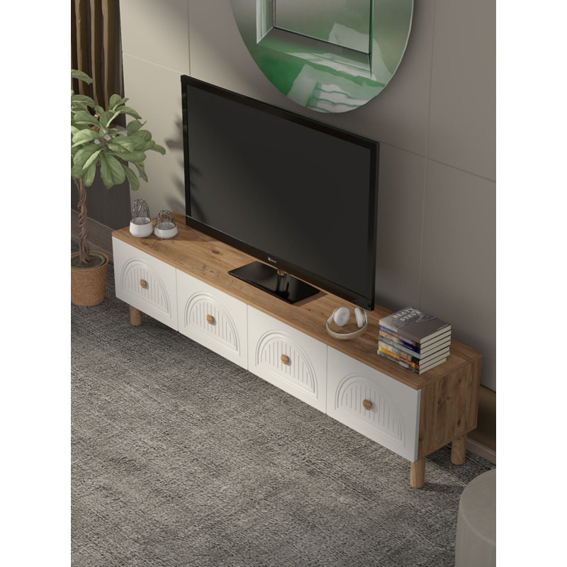 Modern TV Stand with Geometric Design, Atlantic Pine & White, 70.9 x 18.5 x 13.8 inches | 100% Melamine Coated Chipboard, Thickness: 0.7 inches | Wall-Mountable, Multiple Shelves, Stylish & Functional for Living Room