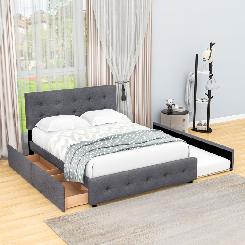 Carlitha Queen 2 Drawers Upholstered Platform Bed with Twin XL Trundle, Dark Gray