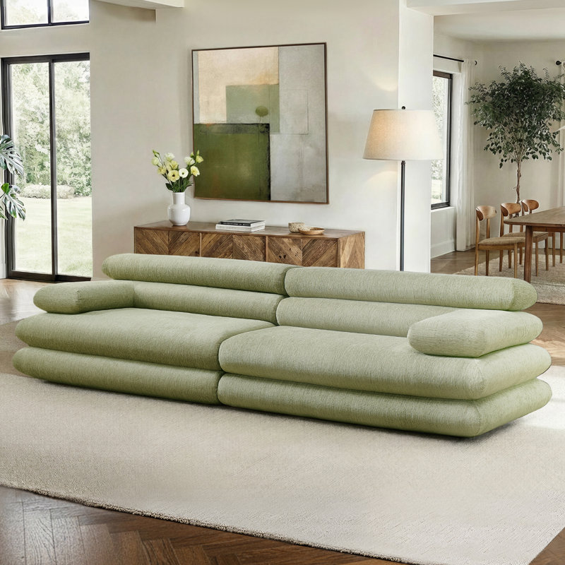 The Serenity 118'' Boneless Curved Sofa Linen-Blend Chenille A Fully Assembled, Green