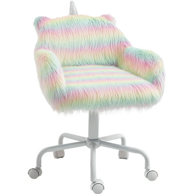 Rainbow Fuzzy Unicorn Office Chair, Plush Desk Chair With Swivel Base, Whimsical & Cozy For Playroom & Office