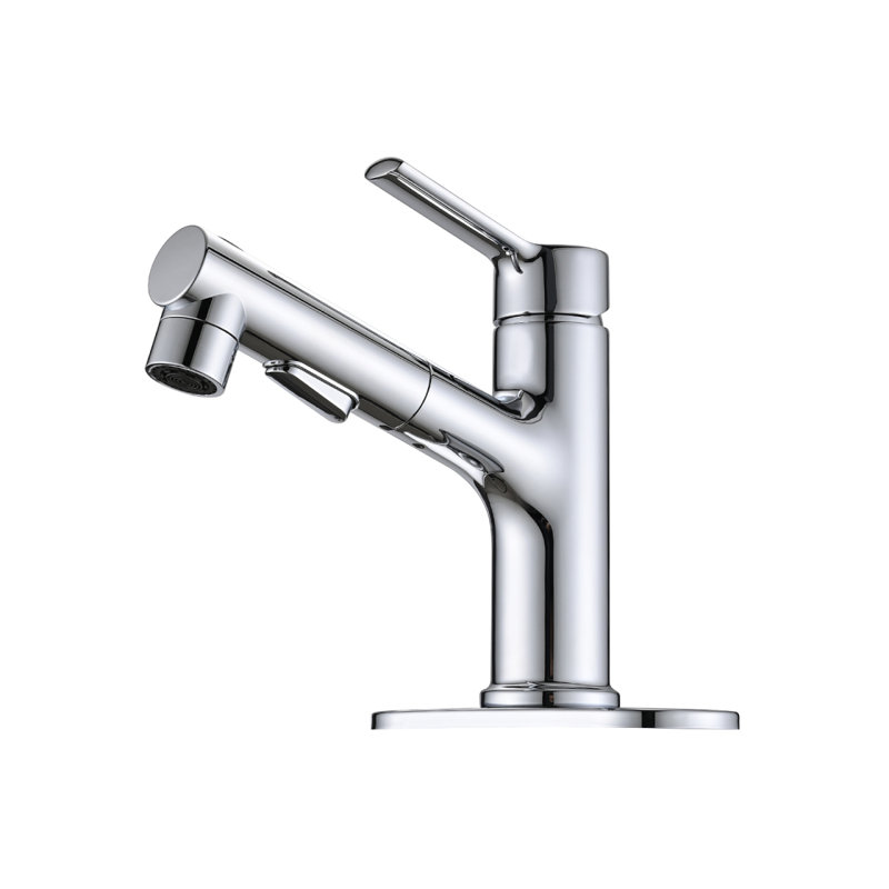 Robinet de lavabo de salle de bain avec douchette extractible, robinet de lavabo de salle de bain moderne à poignée simple avec bouchon de bonde escamotable et plaque de pont, chrome