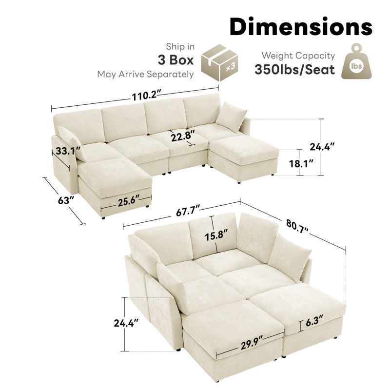 Canapé modulaire rembourré en U Sarang 6 pièces Sarang, Chenille beige