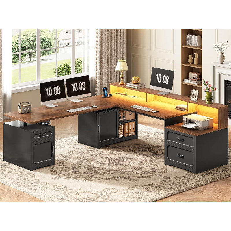 Bureau électrique assis-debout en forme de L de 76,8 pouces, style ferme, avec 2 tiroirs, Brun et noir