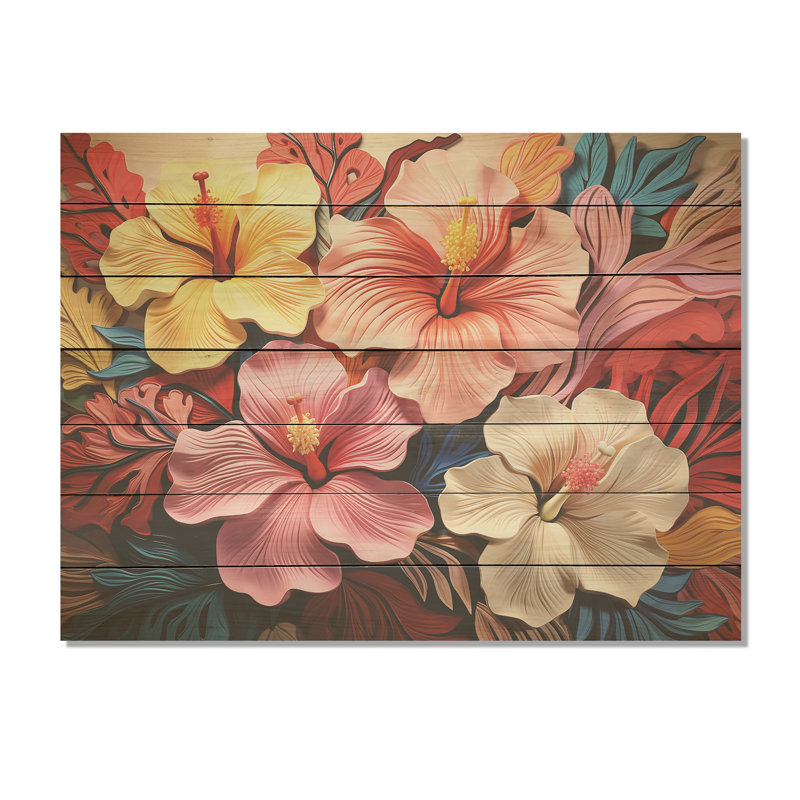Fleurs colorées d'hibiscus harmonie florale I - Hibiscus sur bois, H 30 po x l 40 po