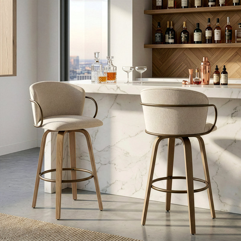 Set of 2 Bette Beige Washed Woven Fabric Swivel Bar Stool with Wood Legs and Copper Iron Arms, Bar Stool (29.5" Seat Height)