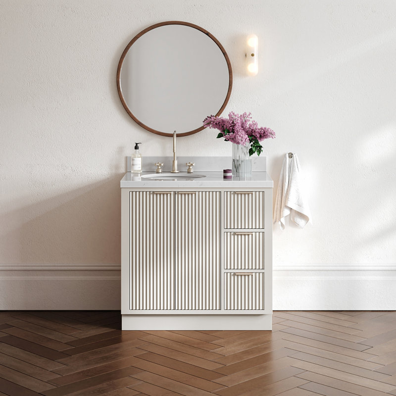Meuble-lavabo ovale décalé à gauche 36 po avec comptoir à quartz blanc de Carrare Koeninger, Gauche, Ovale, Blanc chaud