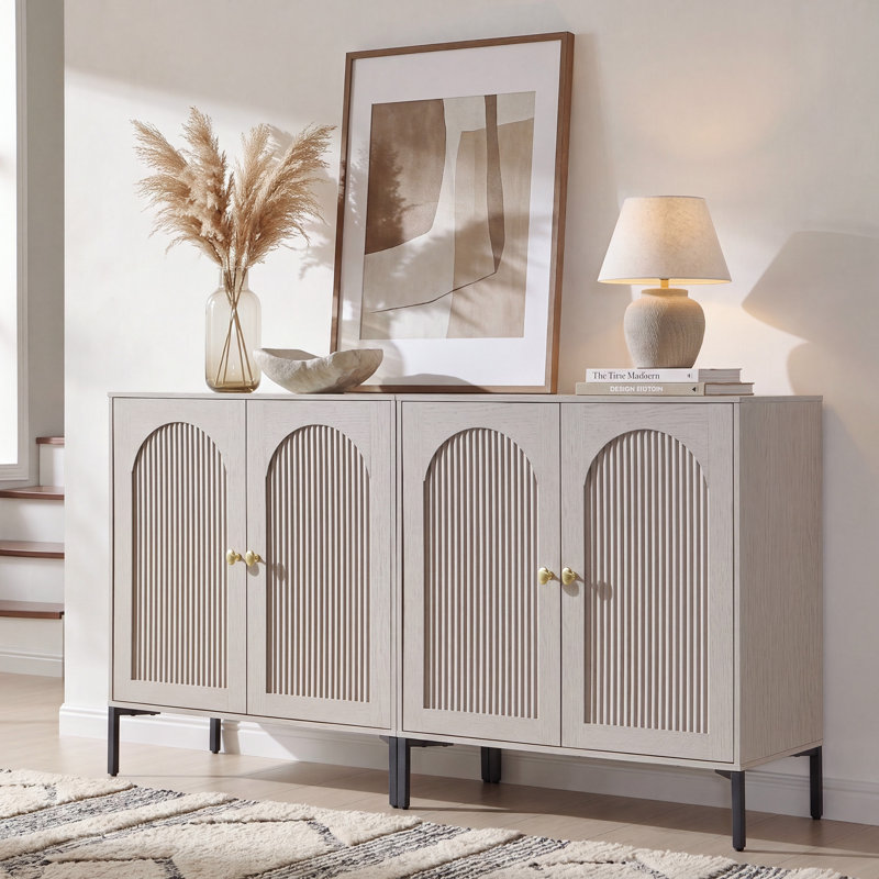 Buffet moderne cannelé avec rangement, Naturel, Two pieces, H 34 po x l 61,76 po x P 15,75 po