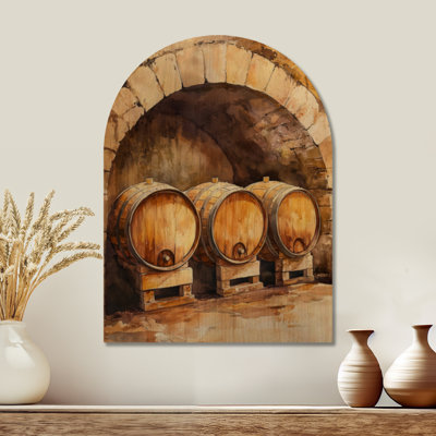 Barrels in the Old Wine Cellar - Rustic Wooden Arched Wall Art