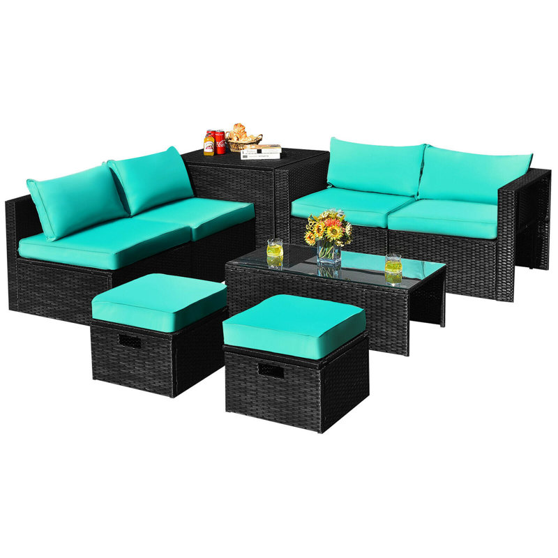 Ensemble de conversation avec canapé et coussins 8 pièces Aleshka, Turquoise, Noir