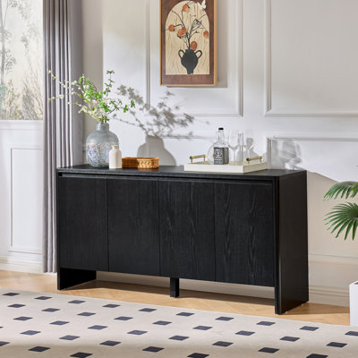 Mid Century Modern Sideboard Buffet Cabinet 61.1x15.7x30.2 Inch MDF 1-Piece Cabinet Black with Adjustable Shelves for Kitchen Dining Living Room