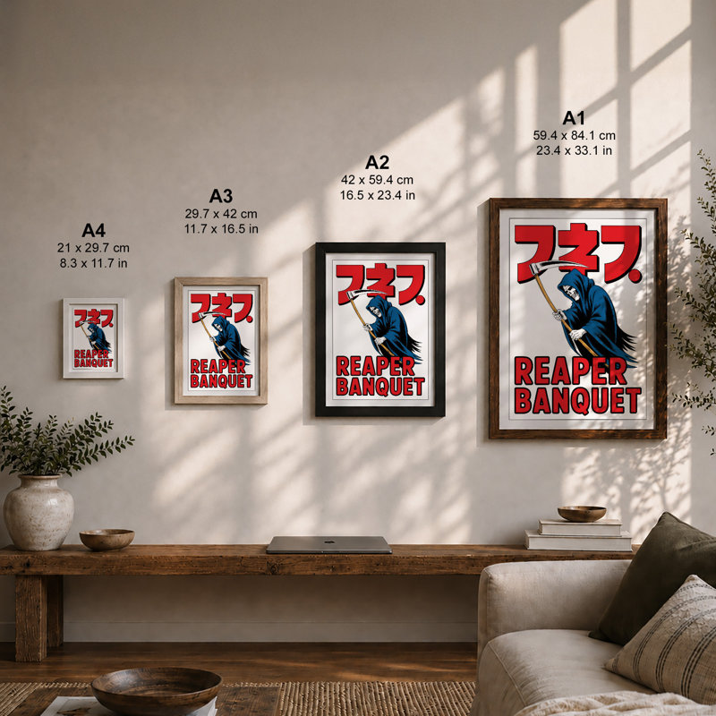 Reaper Banquet Retro - Framed Print, A1 - 84.1 x 59.4 cm, Oak