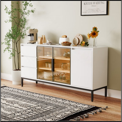 Buffet Cabinet With Storage, Kitchen Side Panel Storage Room With Doors And 3 Drawers, Pantry Cabinet Display Rack, Console, Dining Table Manager Furniture, Living Room Dining Room White