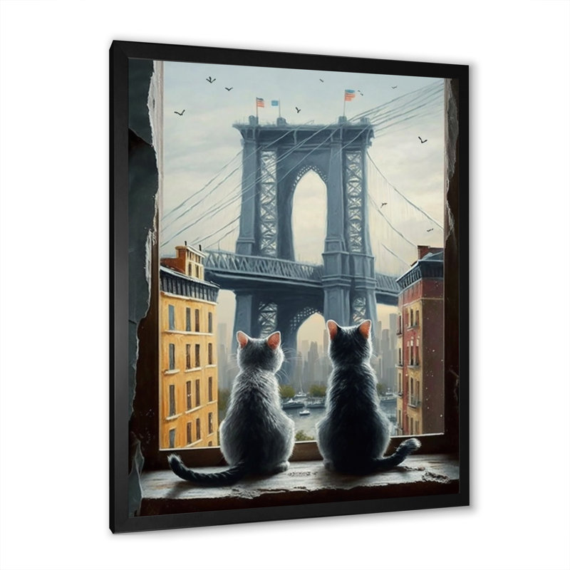 Deux chats dans la ville II - reproduction sur toile, H 20 po x l 12 po x P 1 po, Impression noire sur toile encadrée