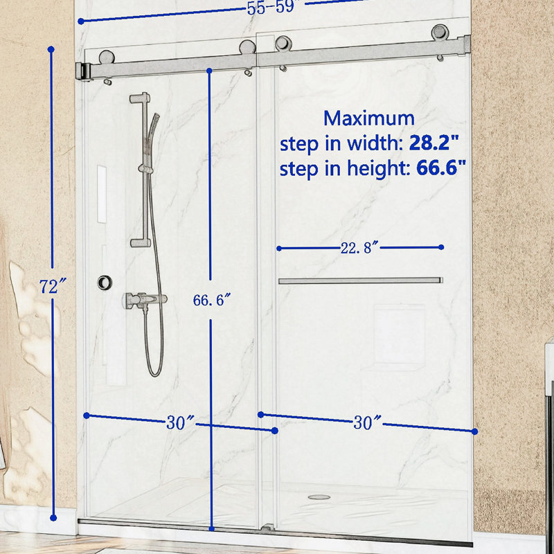 Porte de douche coulissante double sans cadre pour salle de bain, Noir mat