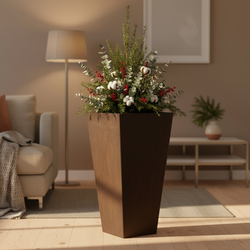 Jardinière en pot composite carrée Cara avec tablette végétale, Noir, 13" H x 6" W x 10" D