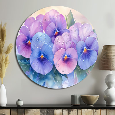 Watercolor Morning Dew Violets - Botanical Round Wall Decor, Blue Living Room Wall Art