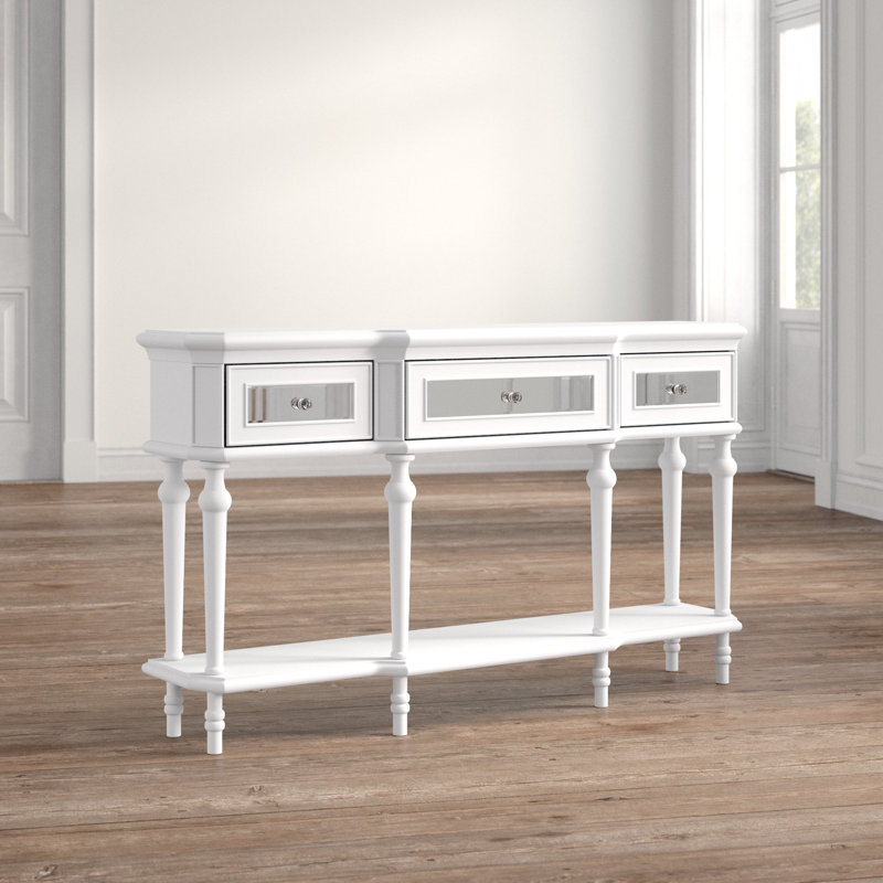 Gisele - Solid Wood Console Table With Three Storage Drawers And Lower Shelf For Entryway Hallway Or Living Room Featuring Turned Legs Mirrored Drawer Panels And Classic White Finish Accent Details