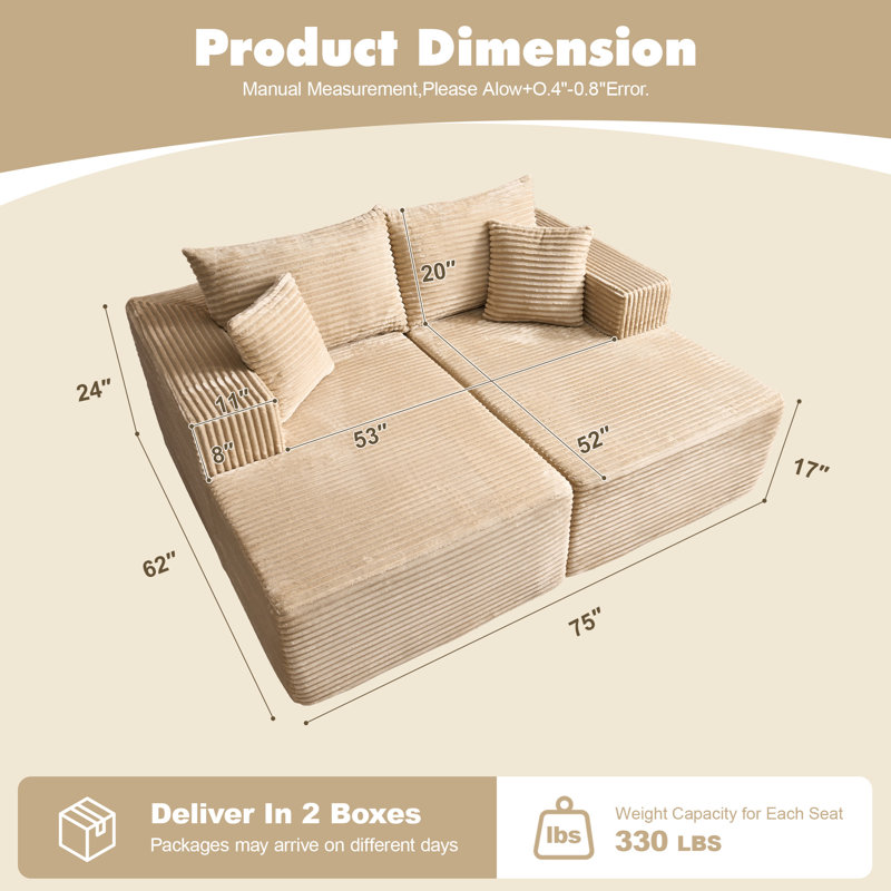 Aucun assemblage de canapé modulaire rembourré 2 pièces rembourré à compression, Beige