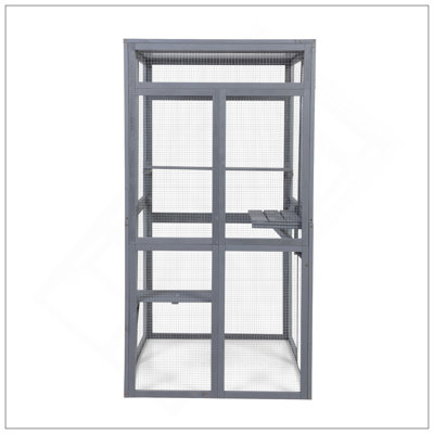 Catio en bois, enceinte extérieure avec plateformes, panneau solaire, hamac et porte, gris
