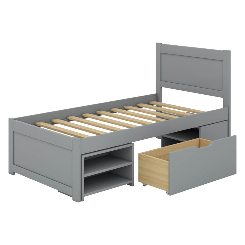 Lit plateforme avec tiroir, lit plateforme en bois avec deux tablettes, Lit simple, Gris antique