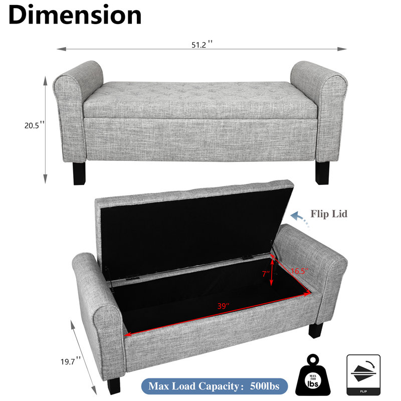 Upholstered Storage Bench End of Bed, Light Gary, Linen
