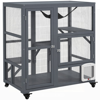 Indoor Wooden Cat Enclosure on Wheels with Multiple Platforms, Hammock, and Openable Top for 2 Cats, 39 Inch