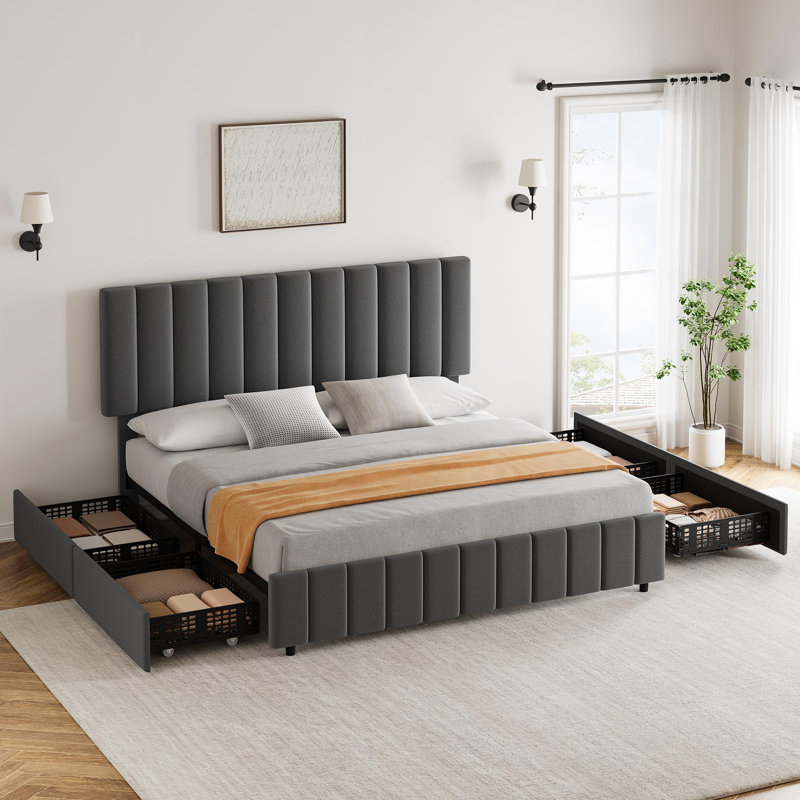 Très grande base de lit tapissier avec 4 tiroirs de rangement - Tête de lit réglable en lin - Lattes en bois robustes - Aucun sommier requis - Assemblage facile - Gris
