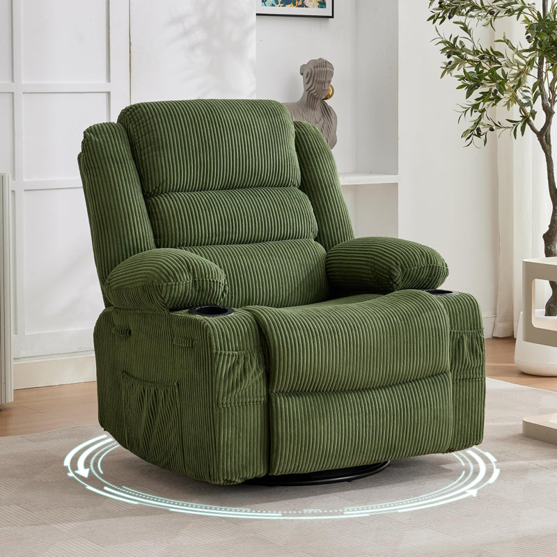 360° Swivel Rocker Recliner with Cup Holders & Pockets for Adults, Blue Linen Blend