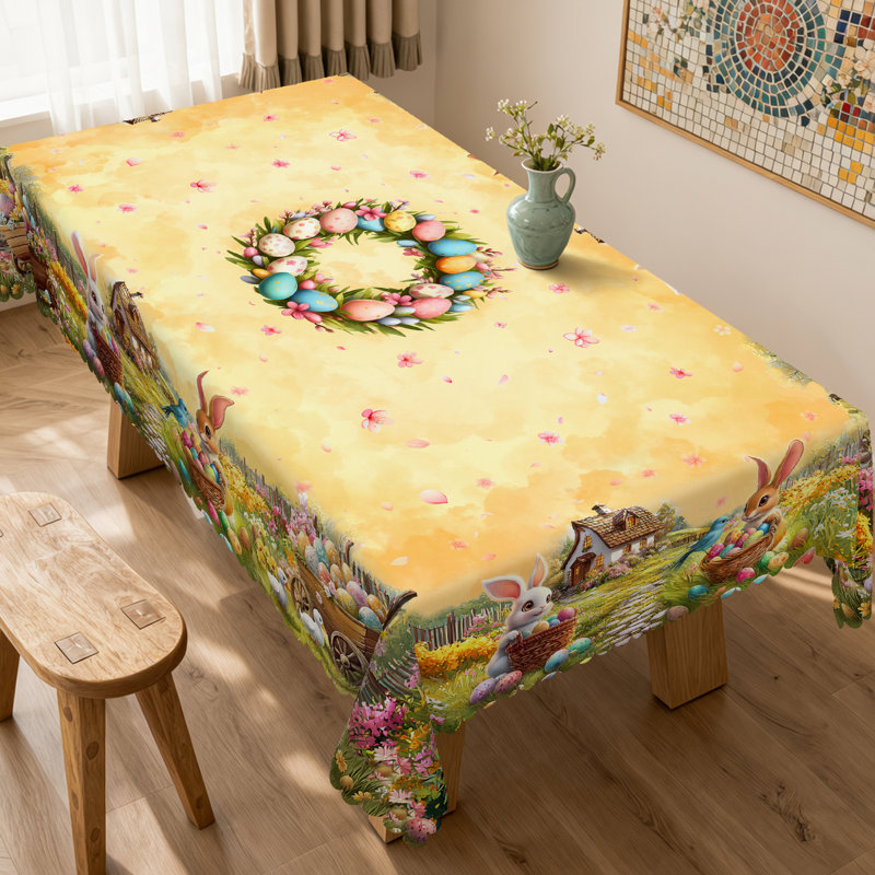 Nappe de Pâques en polyester lavable à la machine avec motif œuf de lapin, L 86,8 po x l 70,8 po
