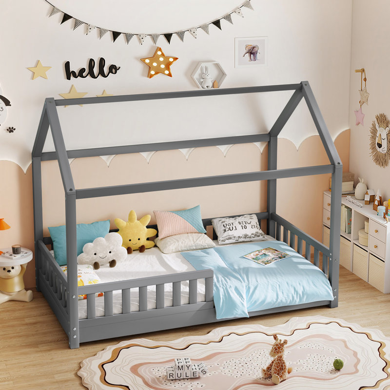 Solid Wood House Bed with Guardrails, Montessori Floor Bed for Kids, Low Profile Toddler Bed Frame with Slats, Gray